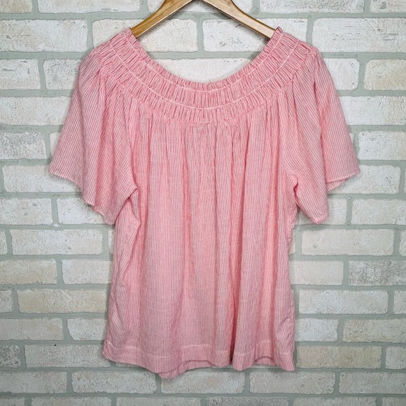 Pink and Peach Vertical Striped Off the Shoulder Blouse - Picture 2 of 6